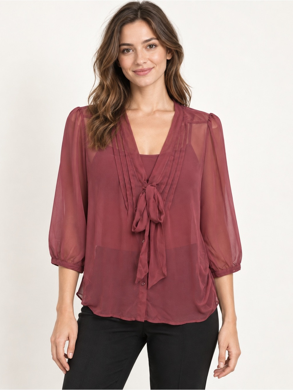 Decree Womens Sheer Burgundy Tie Neck Pleated V-Neck 3/4 Sleeve Blouse Size M